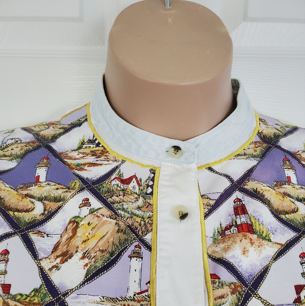 Quacker Factory Lighthouse Coast Button Down Cotton Shirt Womens 1X ~ Pre-Owned - Picture 5 of 12
